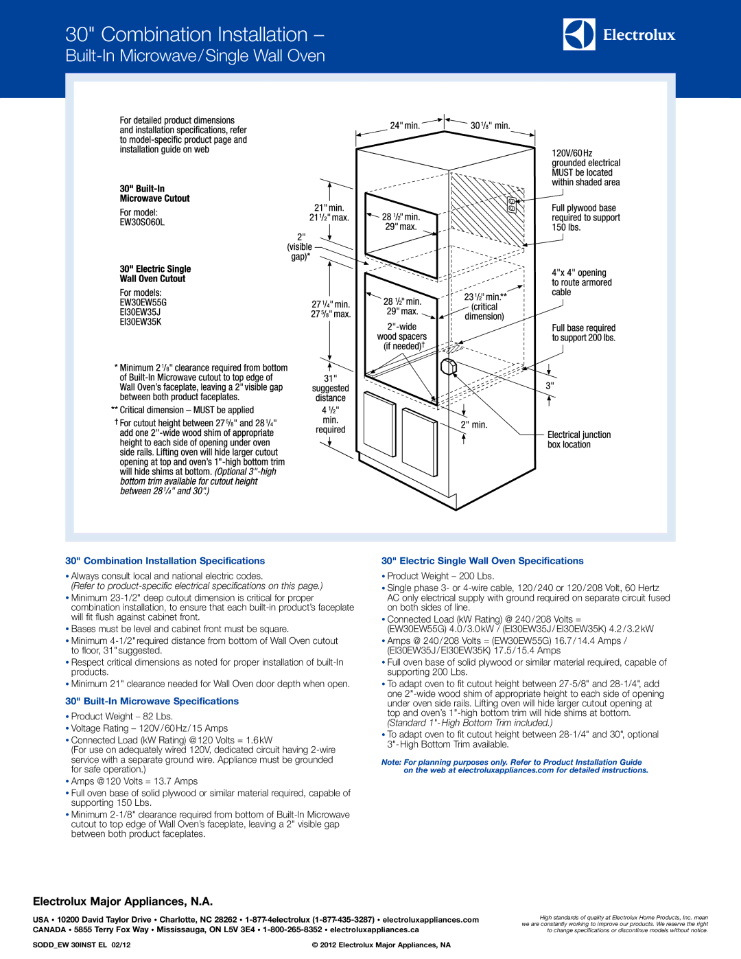 Electrolux EW30SO60L S Combination Installation, Built-In Microwave/Single Wall Oven, Built-In Microwave Specifications 