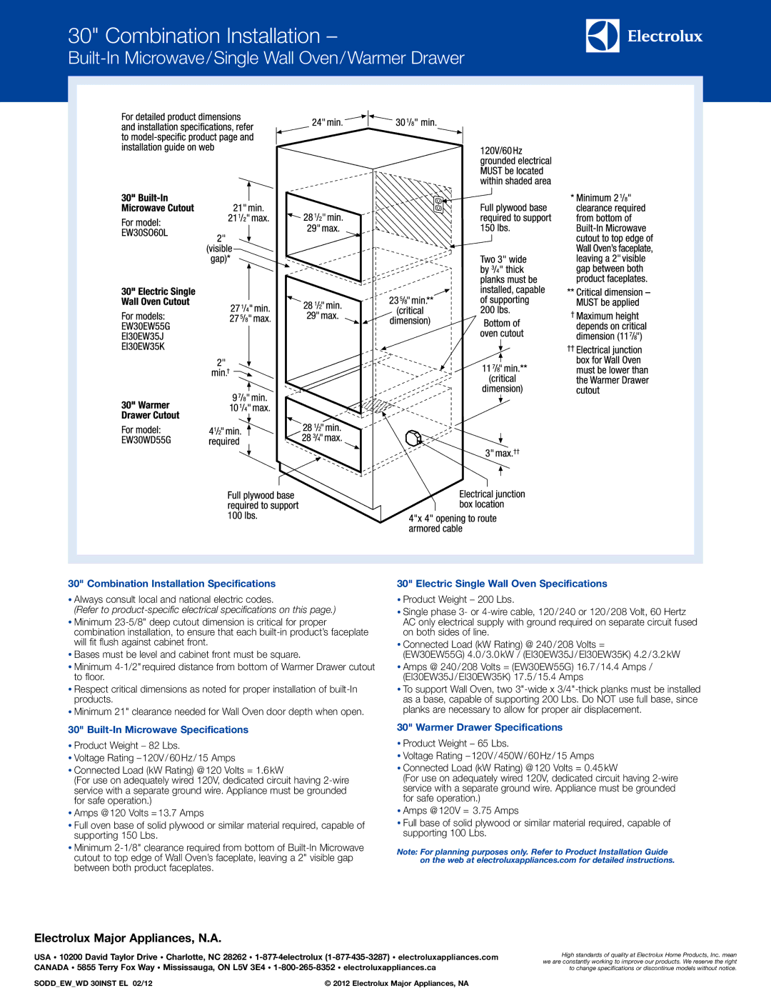 Electrolux EW30SO60L S specifications Built-In Microwave/Single Wall Oven/Warmer Drawer, Warmer Drawer Specifications 