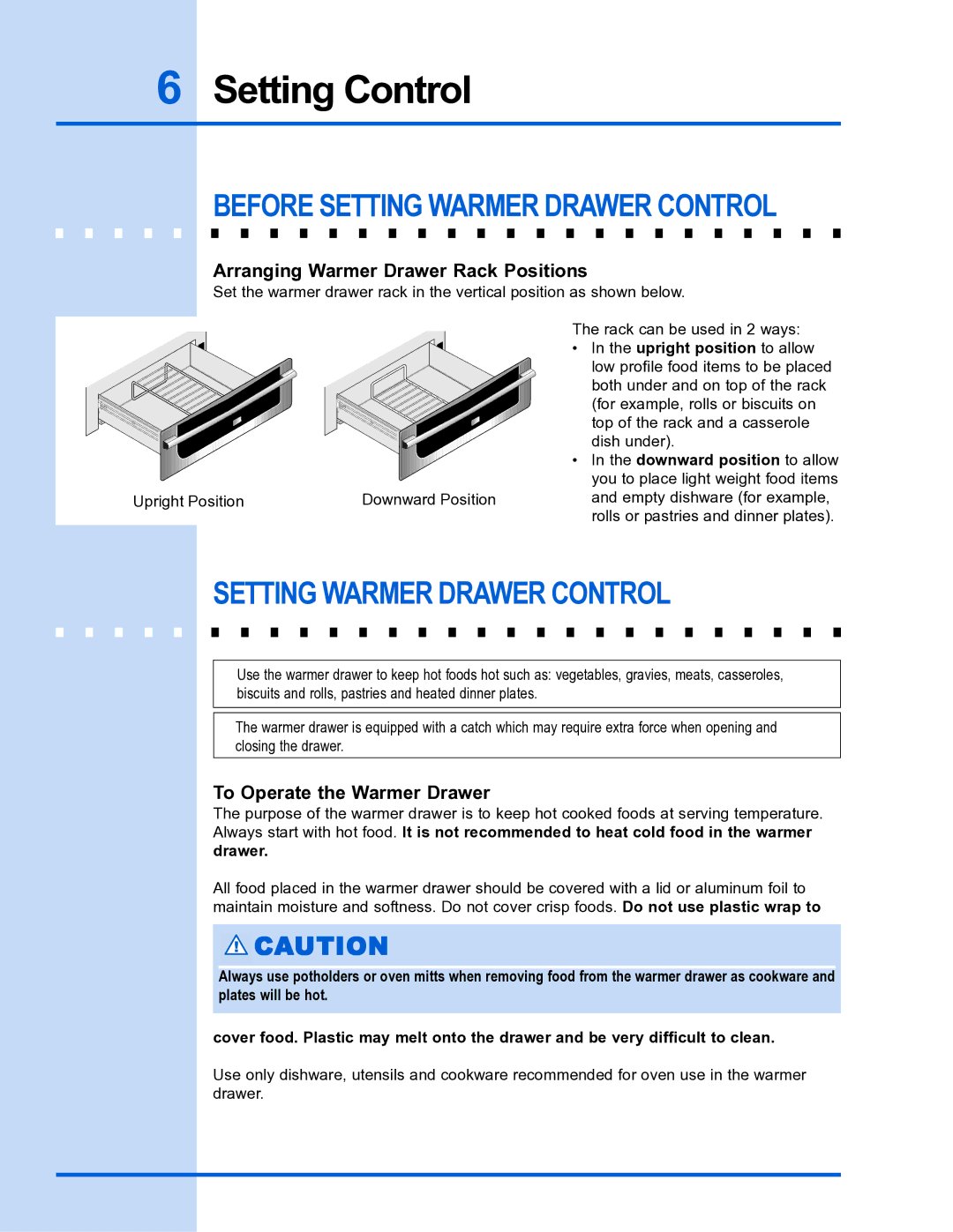 Electrolux EW30WD55GS manual Setting Control, Before Setting Warmer Drawer Control, Arranging Warmer Drawer Rack Positions 