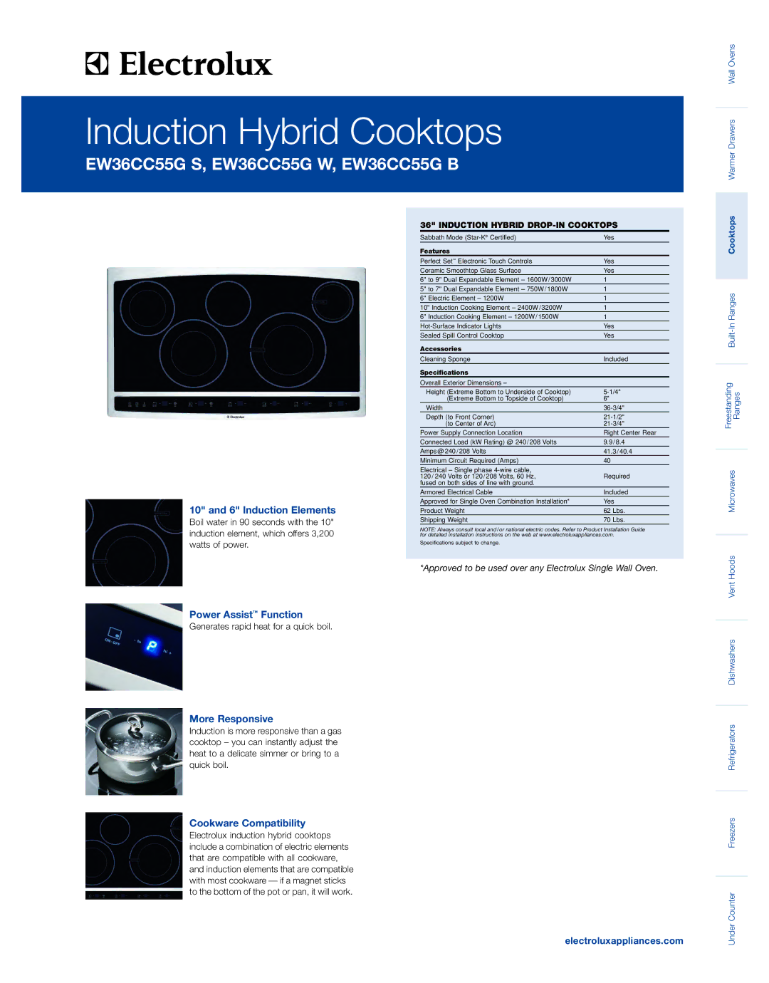 Electrolux EW36CC55GW specifications Induction Elements, Power Assist Function, More Responsive, Cookware Compatibility 