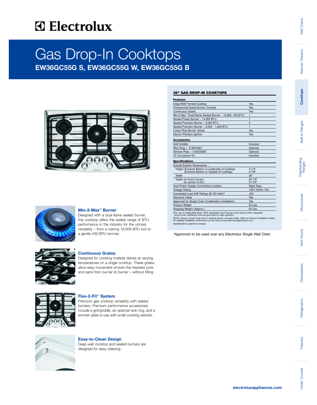 Electrolux EW36GC55G S specifications Min-2-MaxBurner, Continuous Grates, Flex-2-FitSystem, Easy-to-Clean Design 