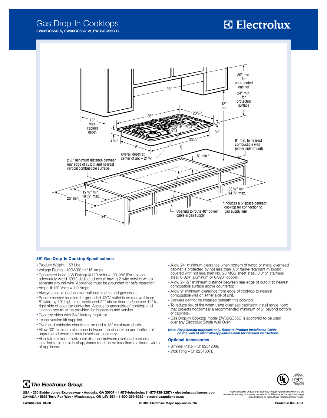 Electrolux EW36GC55G B, EW36GC55G W, EW36GC55G S specifications Gas Drop-In Cooktop Specifications, Optional Accessories 