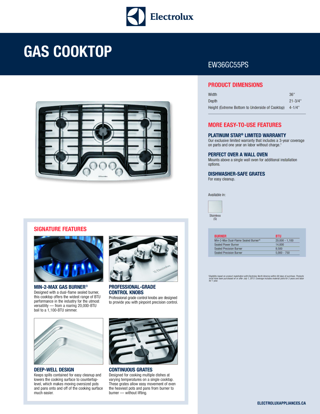 Electrolux EW36GC55PS dimensions Platinum Star Limited Warranty, Perfect Over a Wall Oven, Dishwasher-Safe Grates 