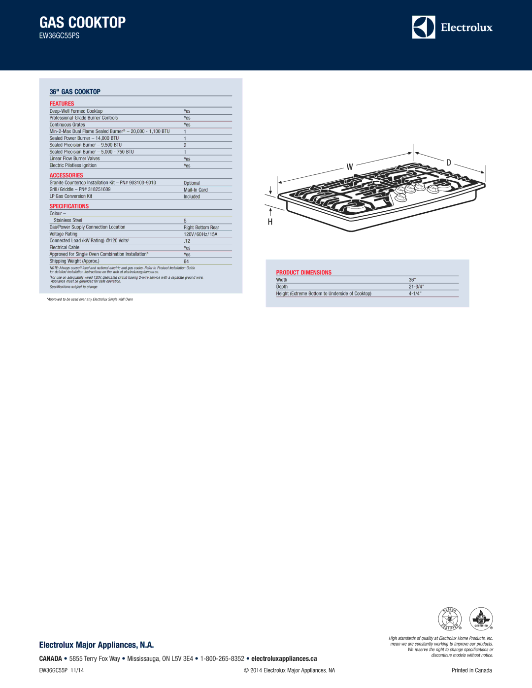 Electrolux EW36GC55PS Electrolux Major Appliances, N.A, Features, Accessories, Specifications, Product Dimensions 