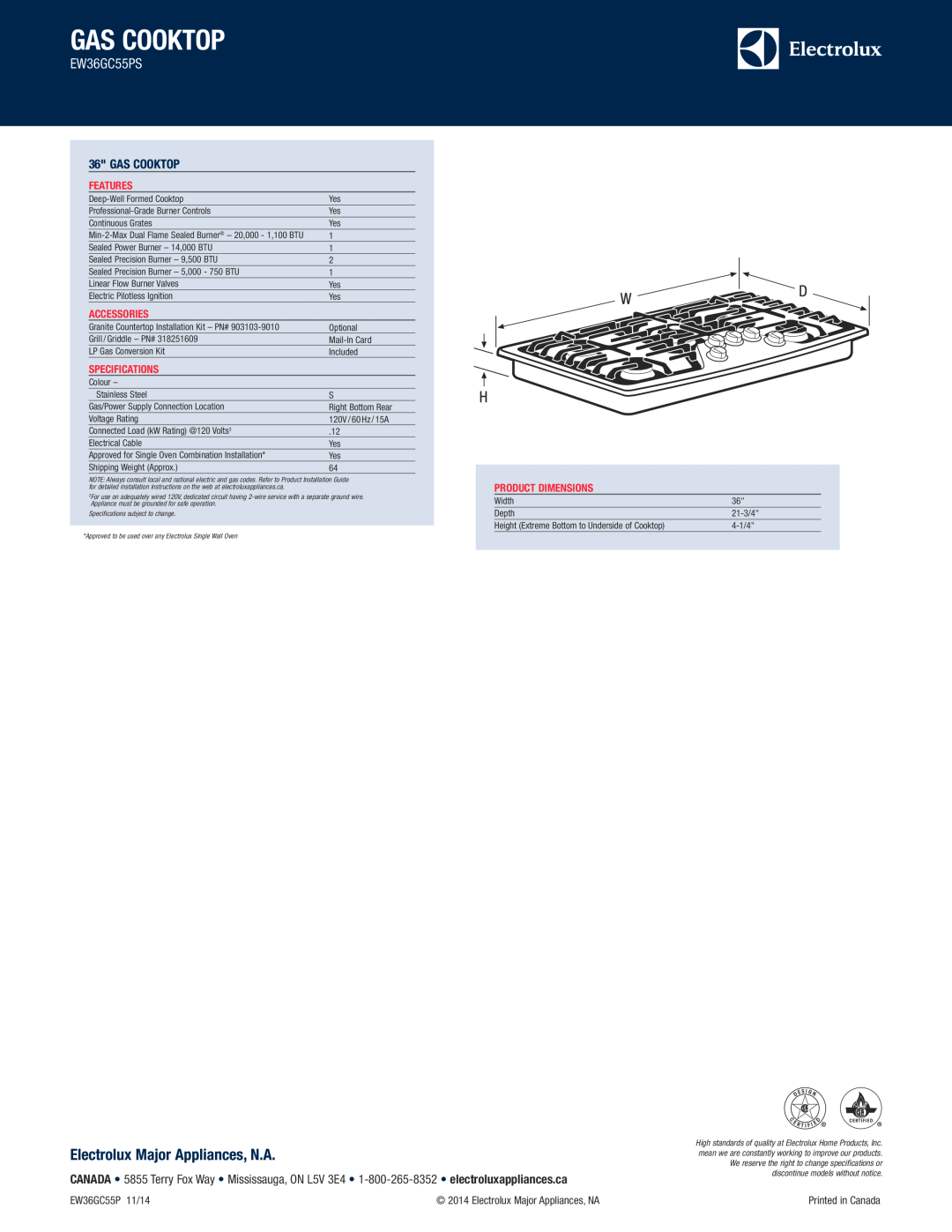 Electrolux EW36GC55PS dimensions Electrolux Major Appliances, N.A, gas cooktop, Features, Accessories, Specifications 