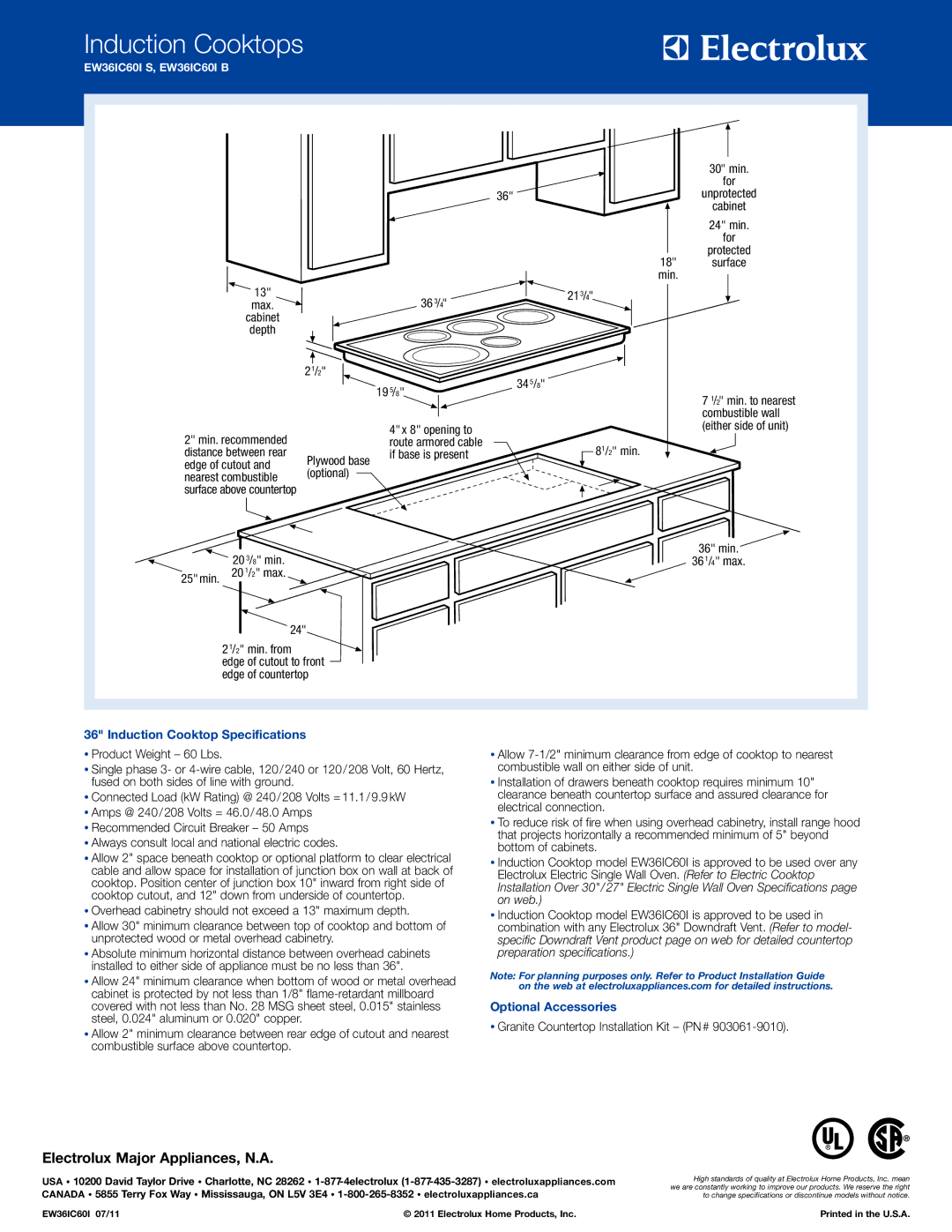 Electrolux EW36IC60I B, EW36IC60I S Induction Cooktops, Induction Cooktop Specifications, Optional Accessories 