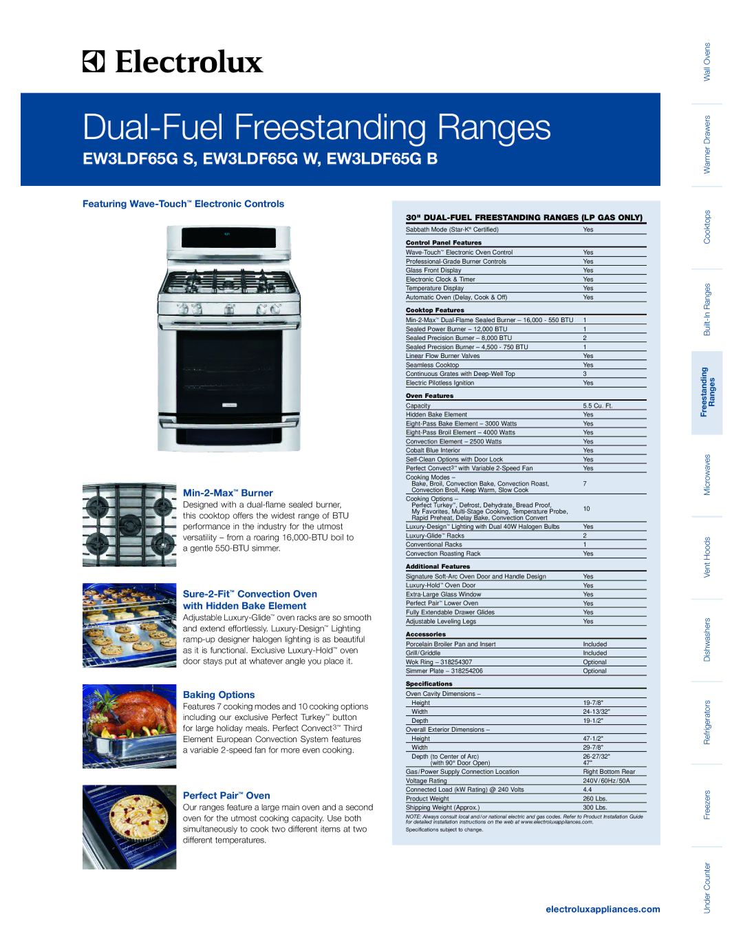 Electrolux EW3LDF65GS specifications Featuring Wave-TouchElectronic Controls Min-2-MaxBurner, Baking Options 