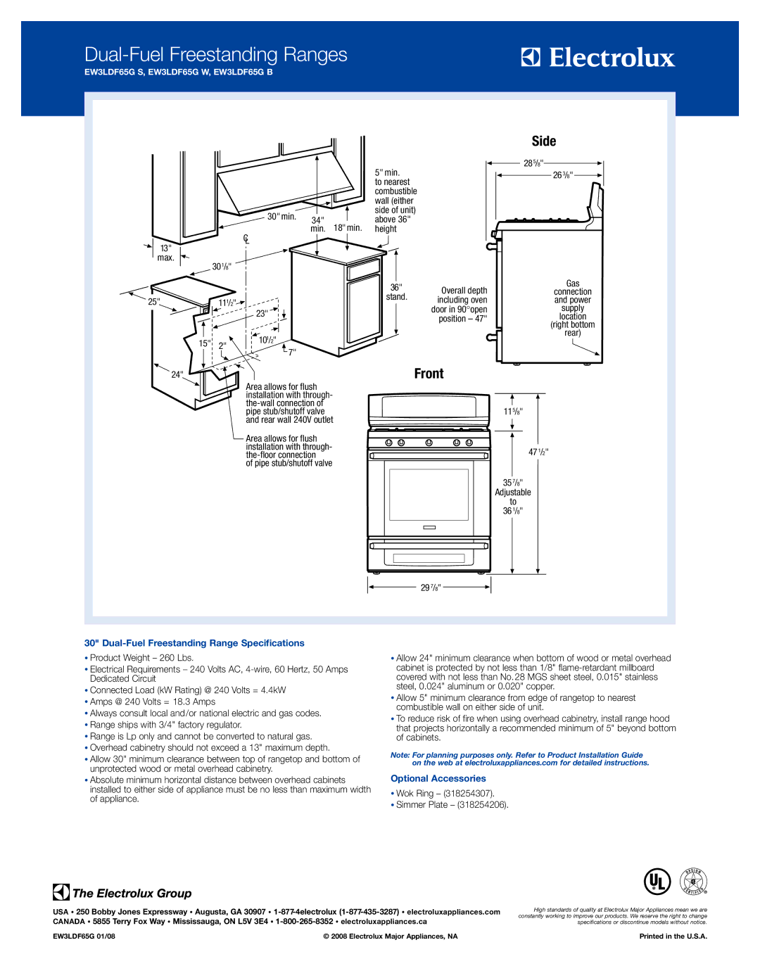 Electrolux EW3LDF65GS specifications Side, Front, Dual-Fuel Freestanding Range Specifications, Optional Accessories 