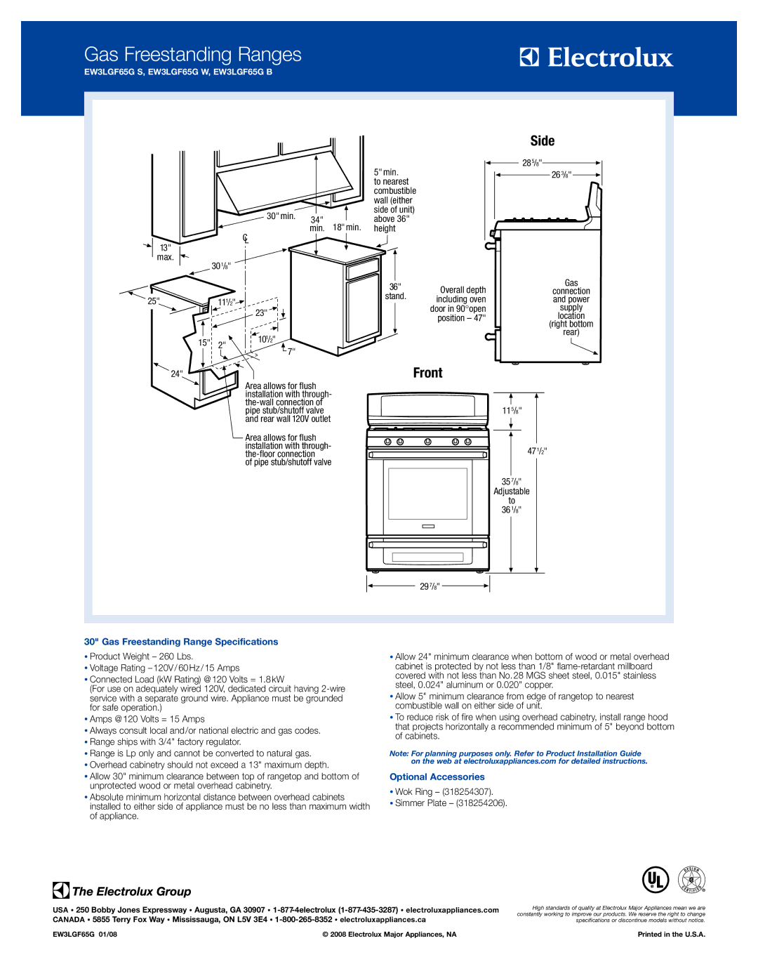 Electrolux EW3LGF65G W, EW3LGF65GS, EW3LGF65G B Side, Front, Gas Freestanding Range Specifications, Optional Accessories 