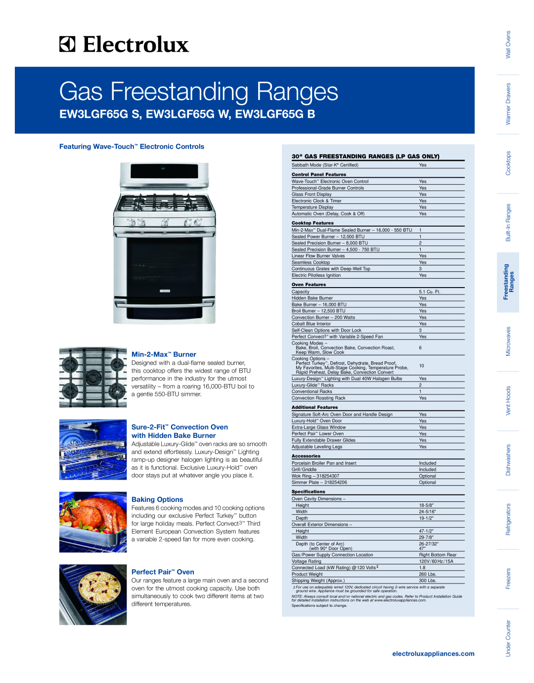 Electrolux EW3LGF65G B specifications Featuring Wave-Touch Electronic Controls, Min-2-Max Burner, Baking Options 