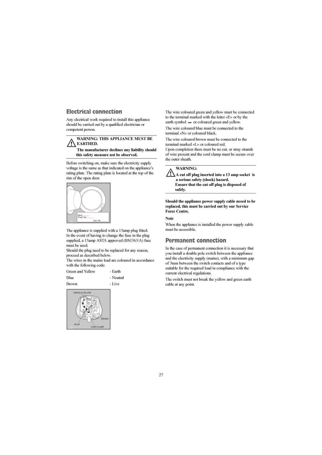 Electrolux EWD 1214 I manual Electrical connection, Permanent connection, Blue- Neutral Brown- Live 