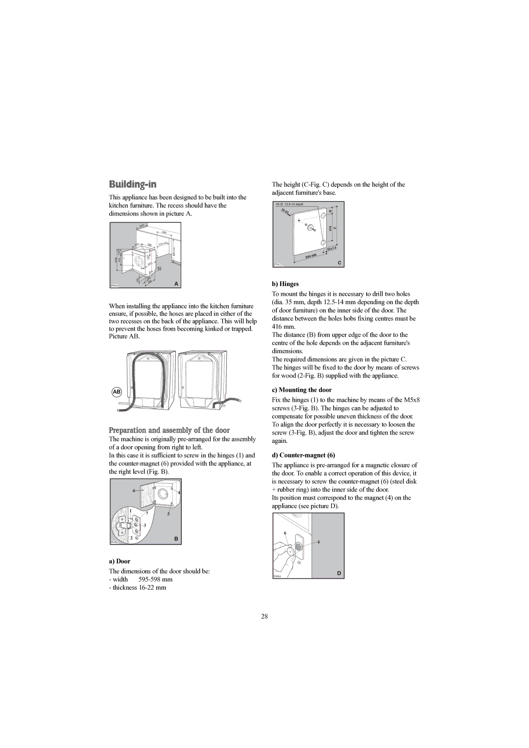 Electrolux EWD 1214 I manual Building-in, Door, Hinges, Mounting the door, Counter-magnet 