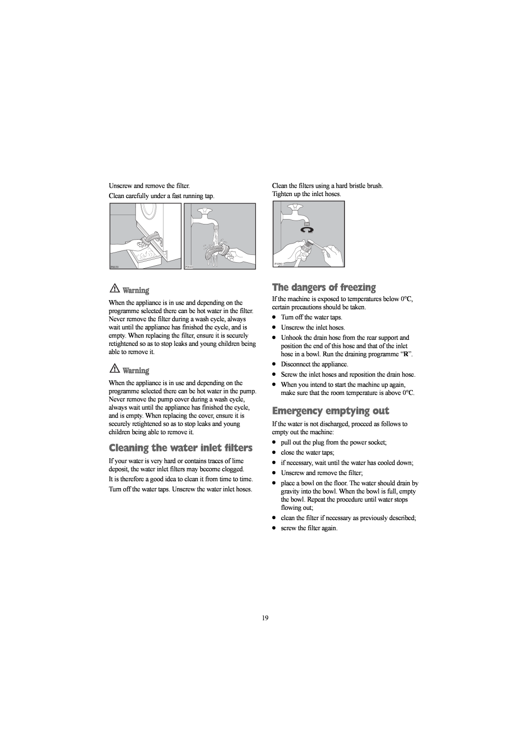 Electrolux EWD 1214 I manual Cleaning the water inlet filters, The dangers of freezing, Emergency emptying out, P0039 