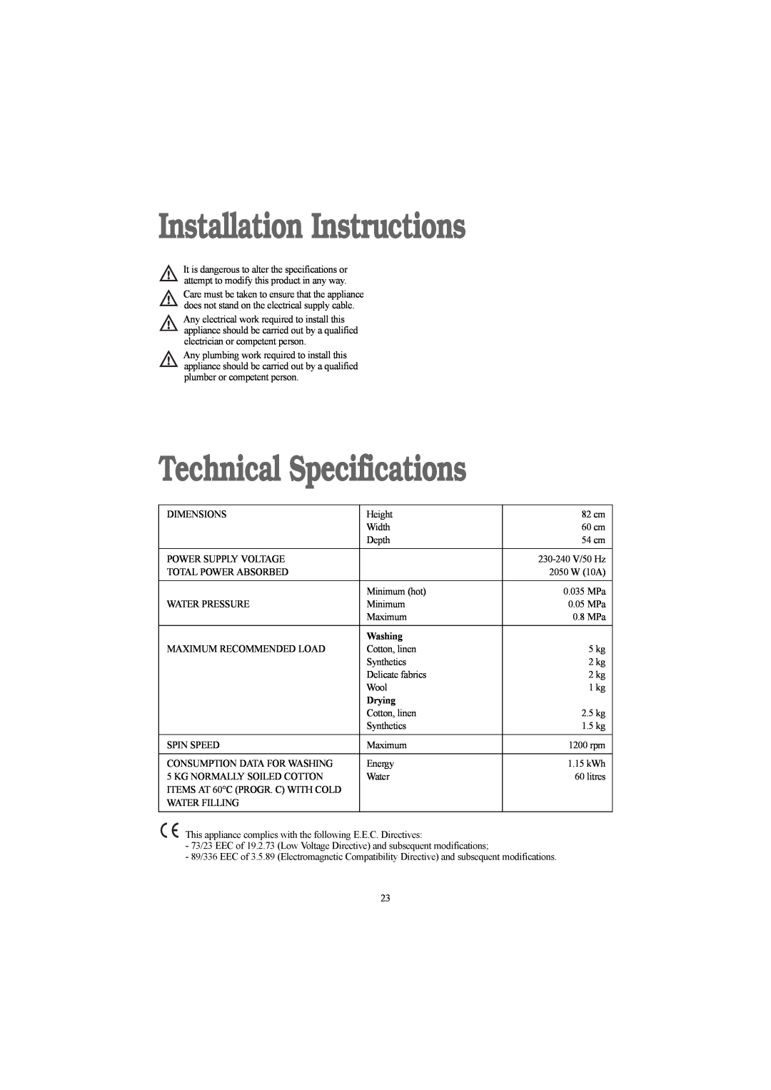 Electrolux EWD 1214 I manual Installation Instructions, Technical Specifications, Washing, Drying 