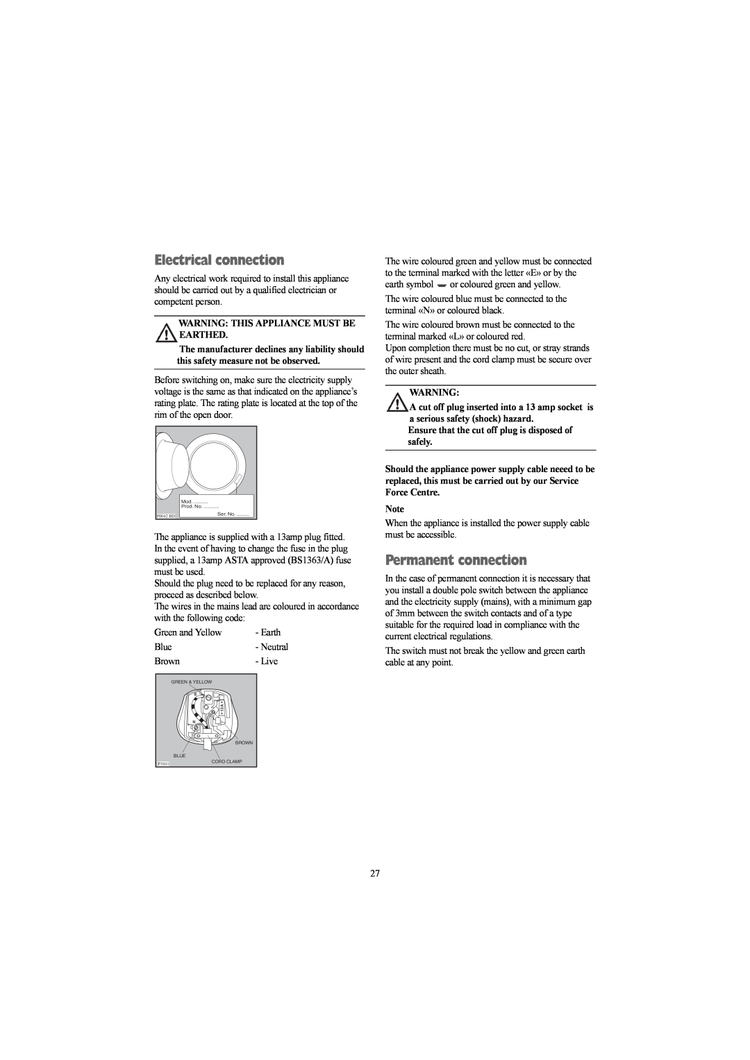 Electrolux EWD 1214 I manual Electrical connection, Permanent connection, Warning This Appliance Must Be Earthed 