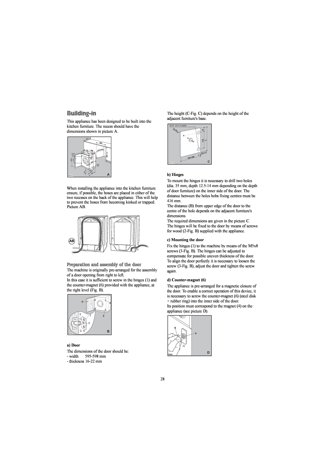 Electrolux EWD 1214 I manual Building-in, a Door, b Hinges, c Mounting the door, d Counter-magnet 