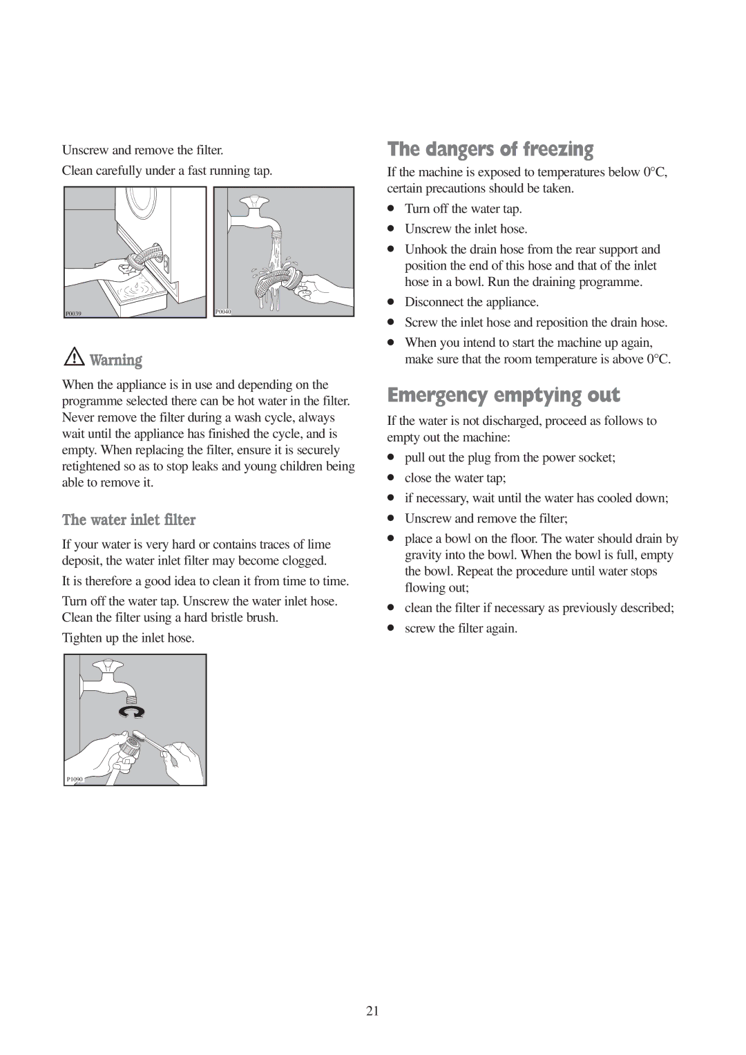 Electrolux EWD 1409 I manual Emergency emptying out, Water inlet filter 