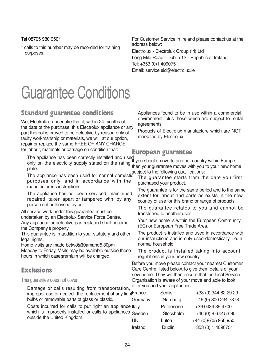 Electrolux EWD 1409 I manual Guarantee Conditions, Standard guarantee conditions, Exclusions, European guarantee 