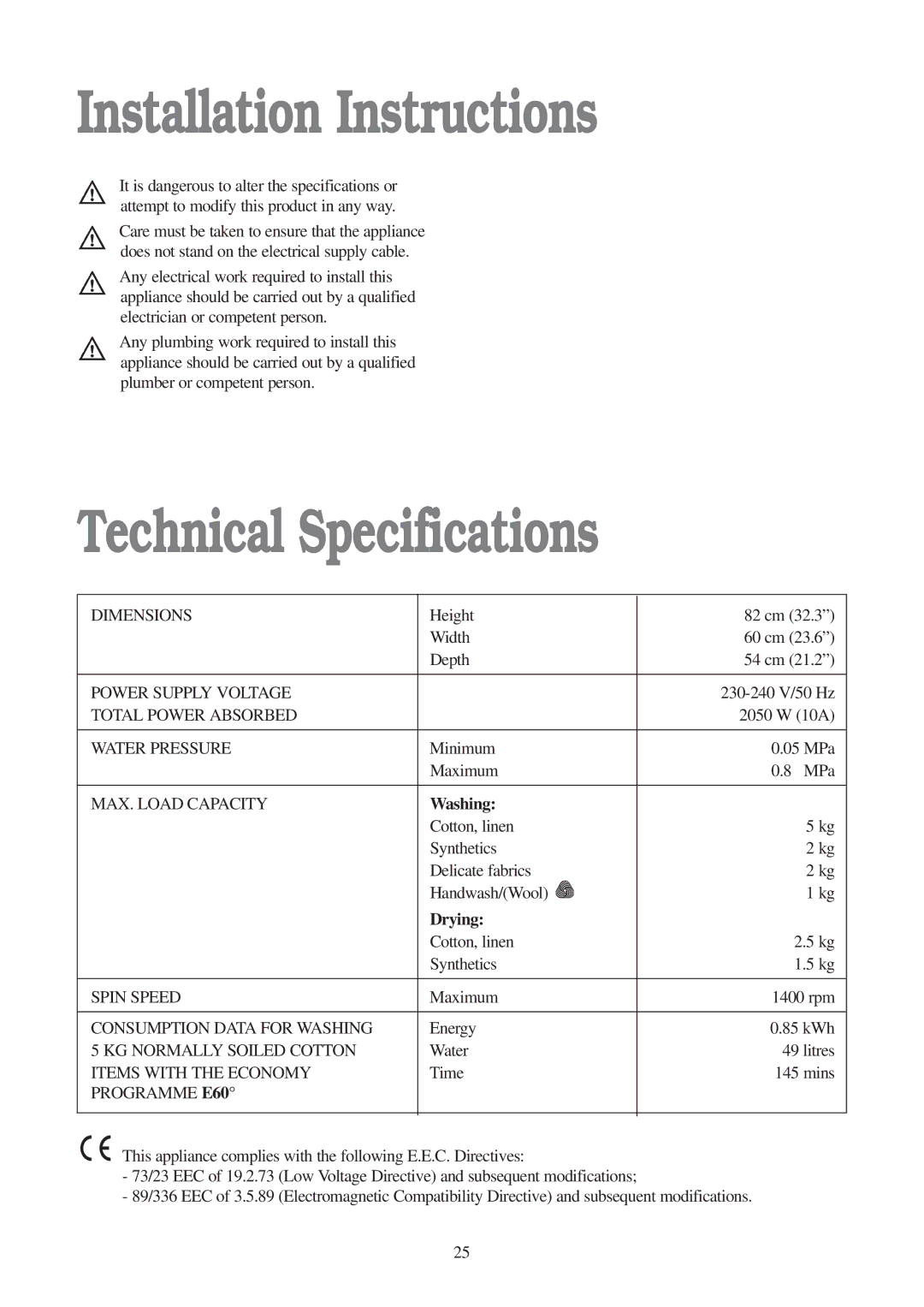 Electrolux EWD 1409 I manual Installation Instructions, Technical Specifications, Washing, Drying 