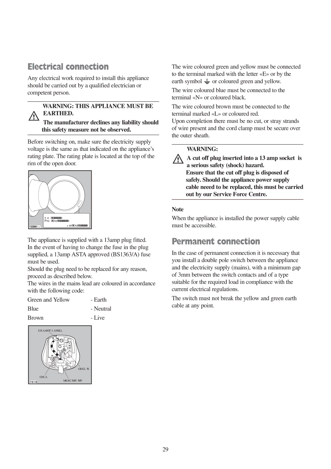 Electrolux EWD 1409 I manual Electrical connection, Permanent connection, Blue- Neutral Brown- Live 