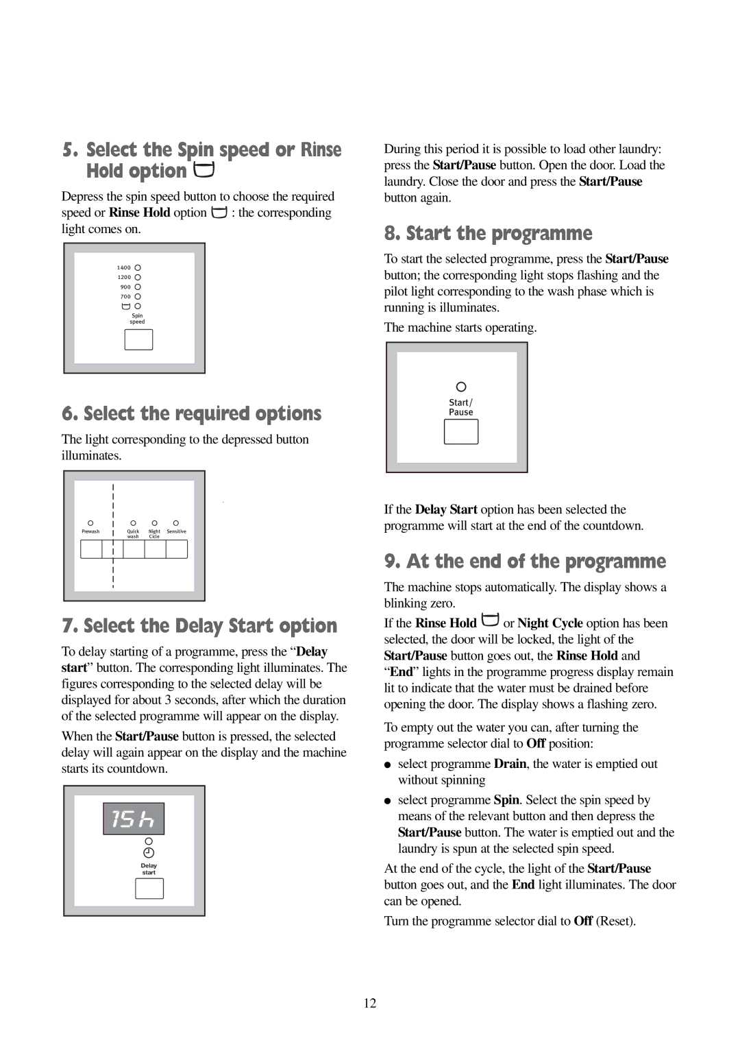 Electrolux EWD 1419 I manual Select the Spin speed or Rinse Hold option, Select the required options, Start the programme 