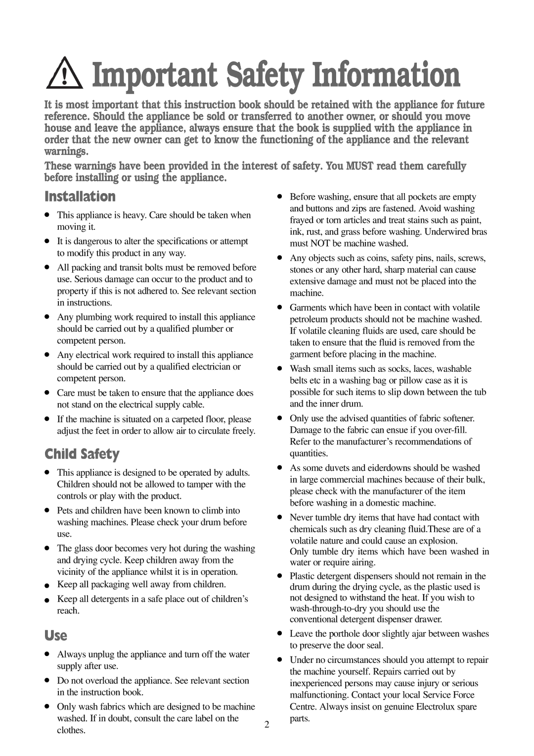 Electrolux EWD 1419 I manual Installation, Child Safety, Use 