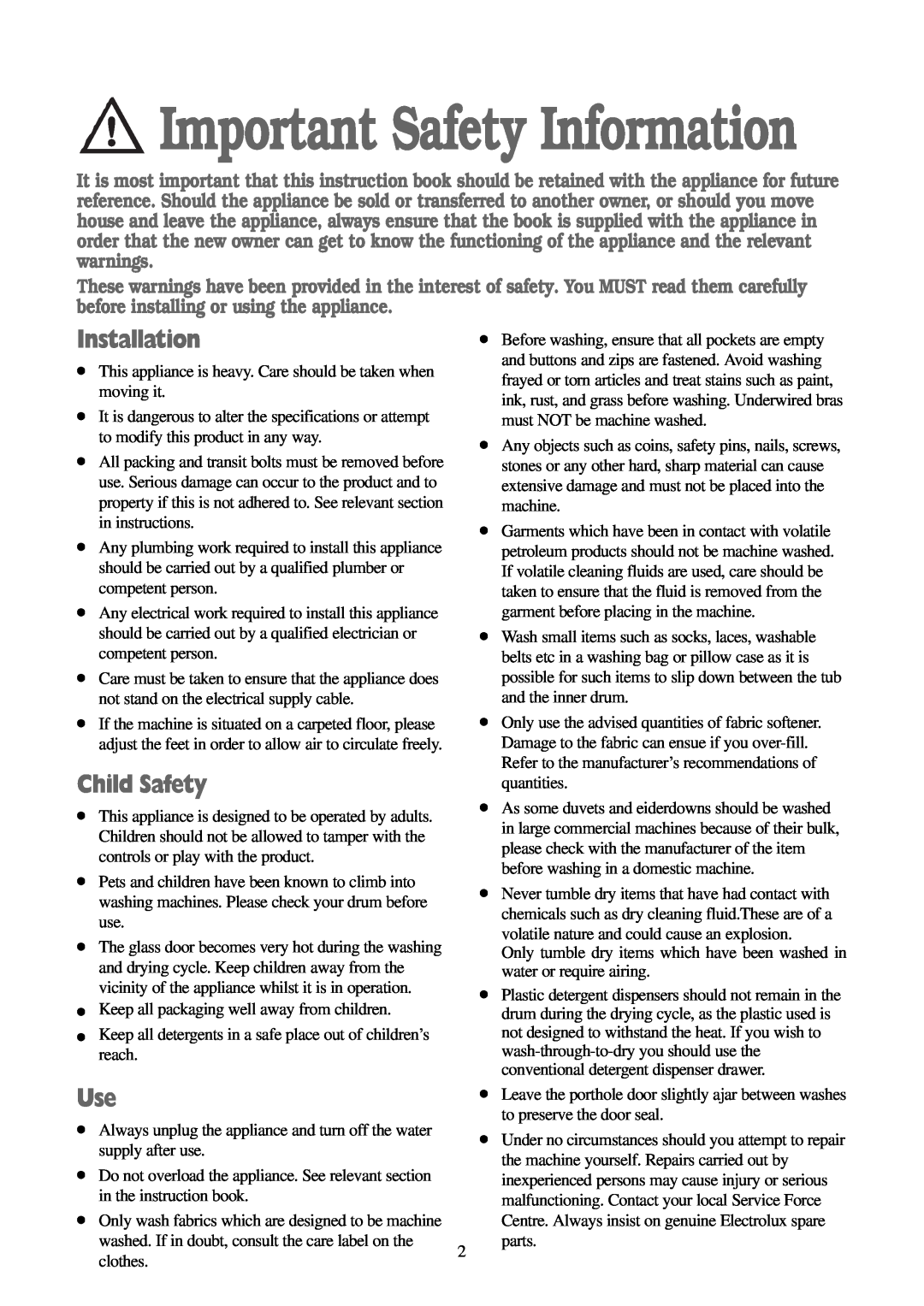 Electrolux EWD 1419 I manual Installation, Child Safety, Important Safety Information 