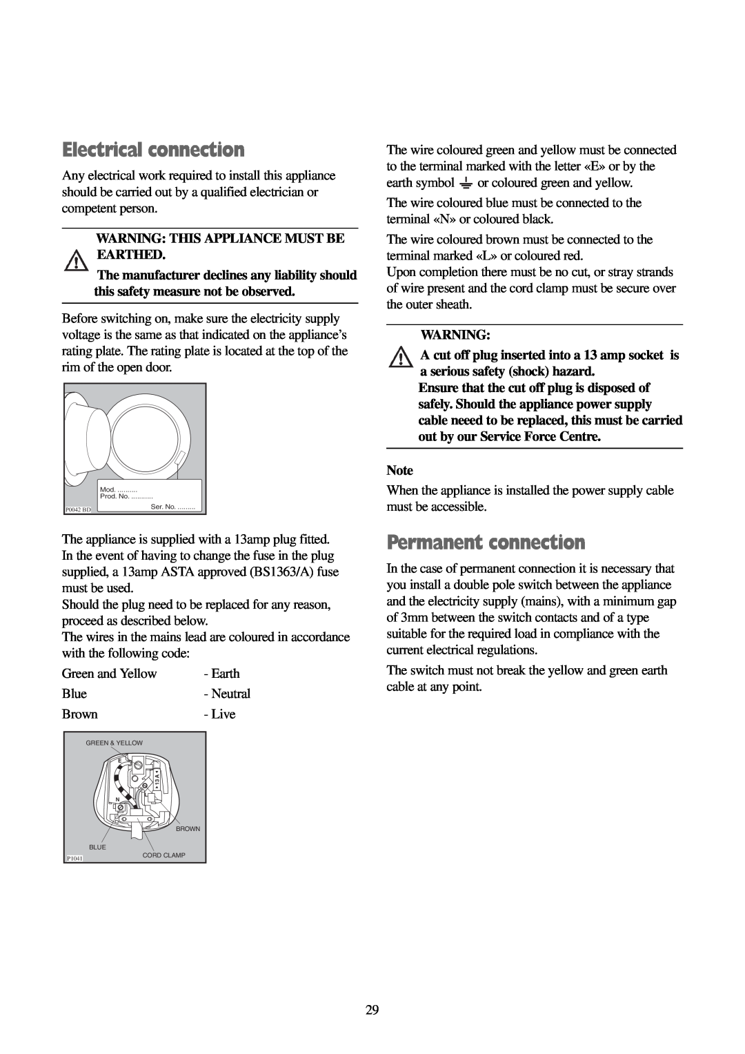 Electrolux EWD 1419 I manual Electrical connection, Permanent connection, Warning This Appliance Must Be Earthed 