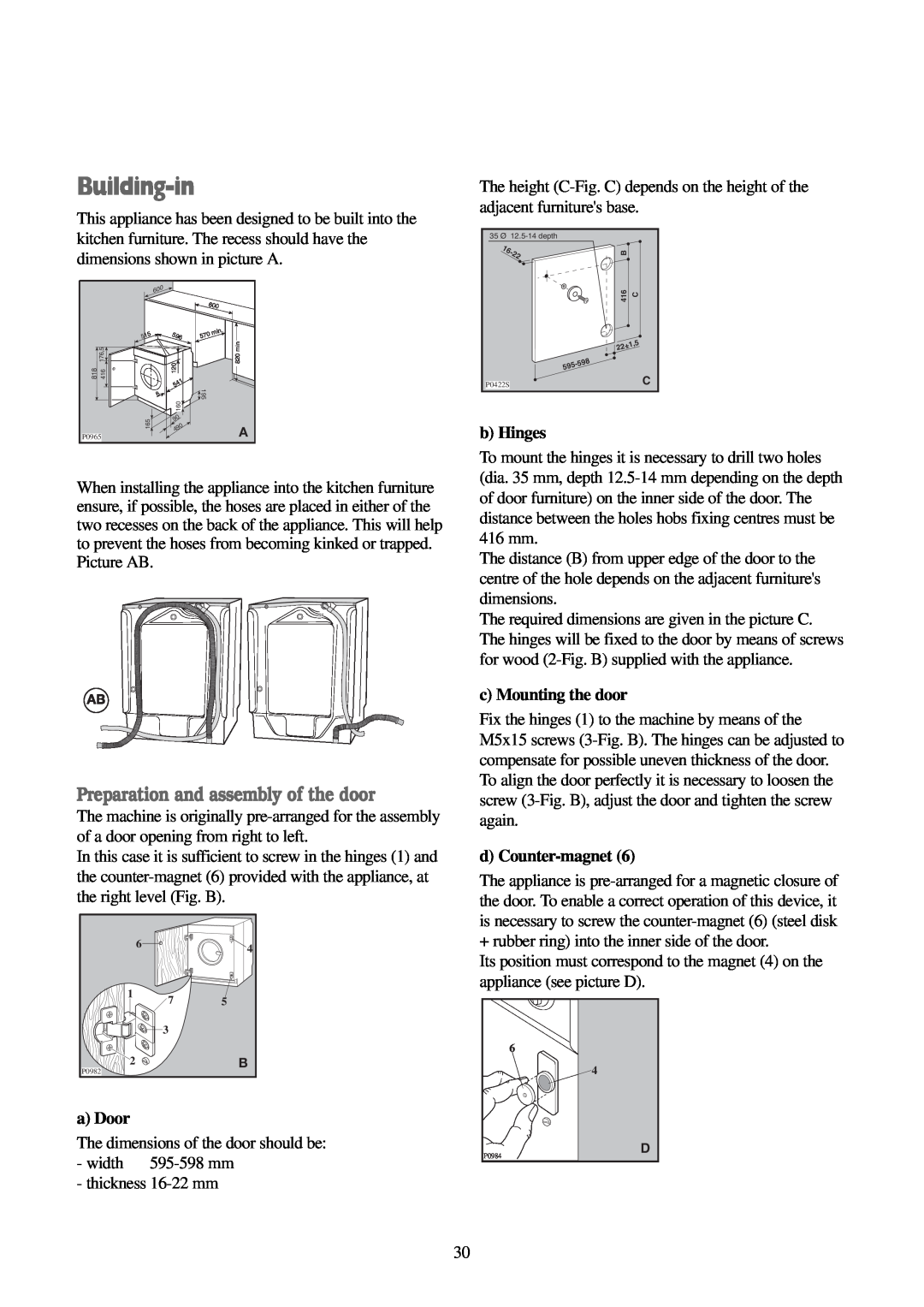 Electrolux EWD 1419 I manual Building-in, a Door, b Hinges, c Mounting the door, d Counter-magnet 