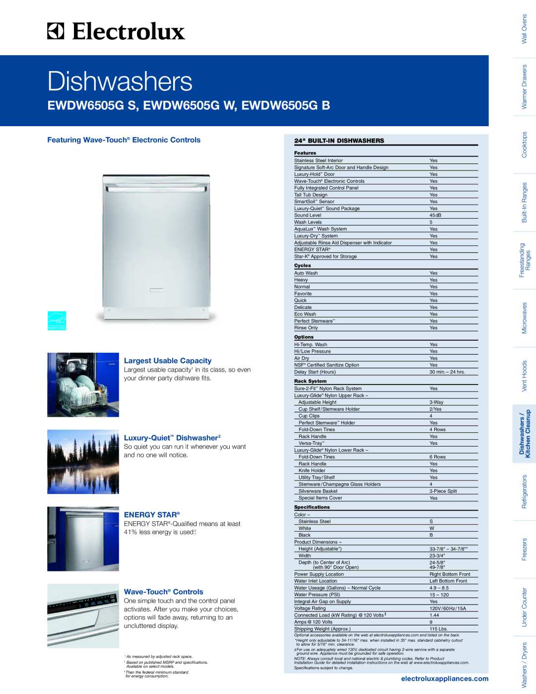 Electrolux EWDW6505GW, EWDW6505GB specifications Luxury-QuietDishwasher2, Wave-TouchControls, Electroluxappliances.com 