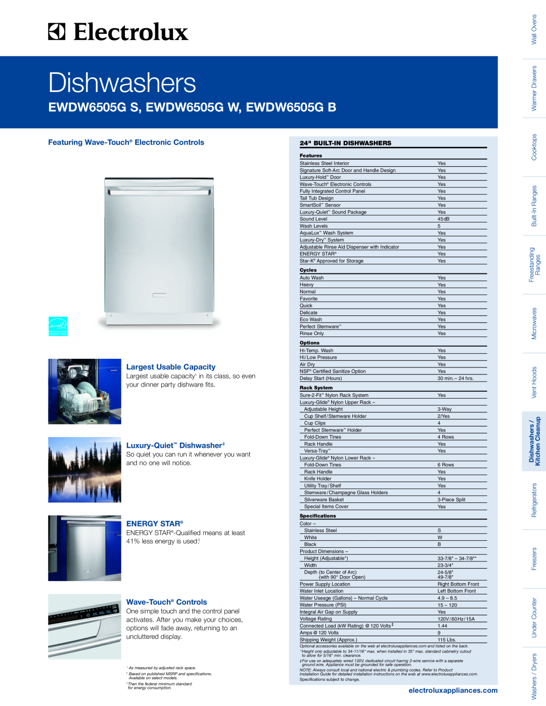 Electrolux EWDW6505GW specifications Featuring Wave-Touch Electronic Controls Largest Usable Capacity, Energy Star 