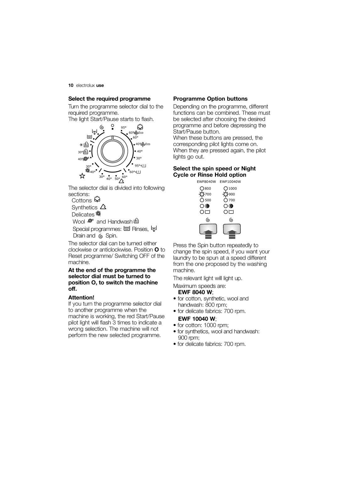 Electrolux EWF 10040 W user manual Select the required programme, Programme Option buttons 