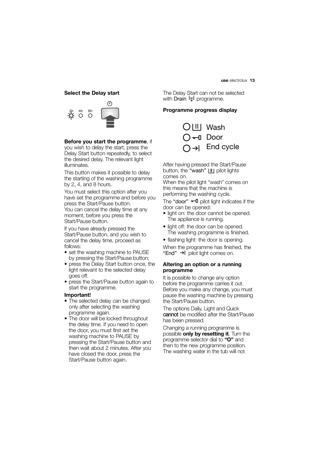 Electrolux EWF 10040 W user manual Wash Door End cycle, Select the Delay start, Altering an option or a running programme 