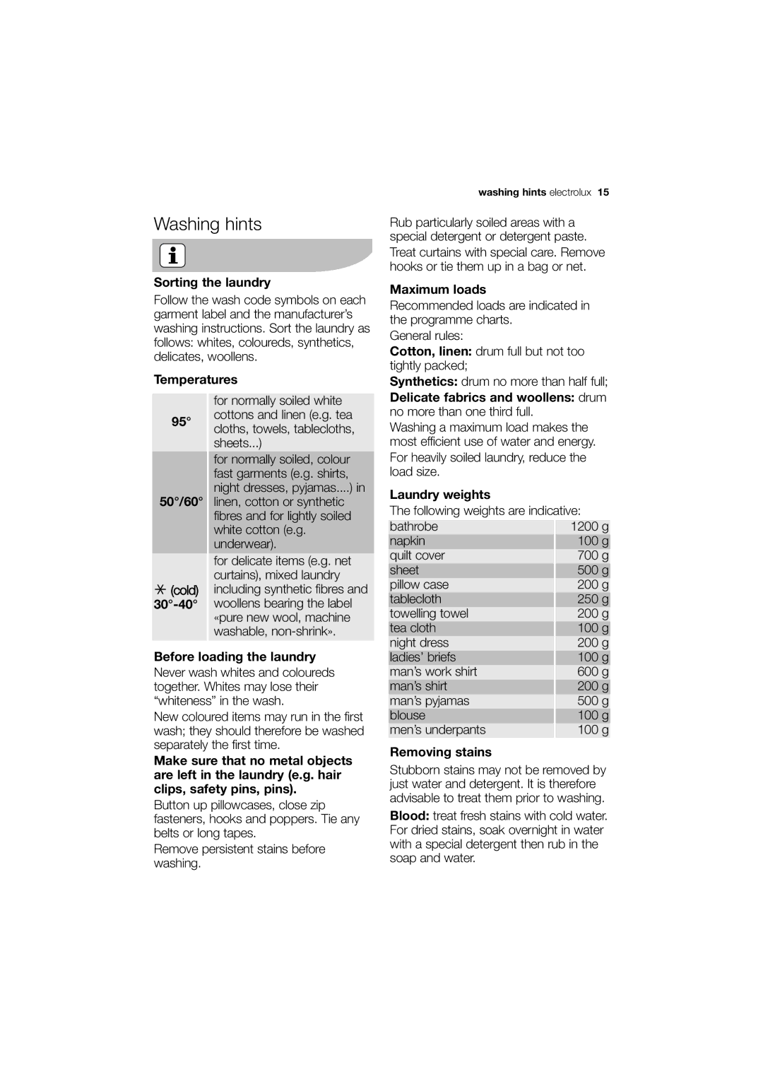 Electrolux EWF 10040 W user manual Washing hints 