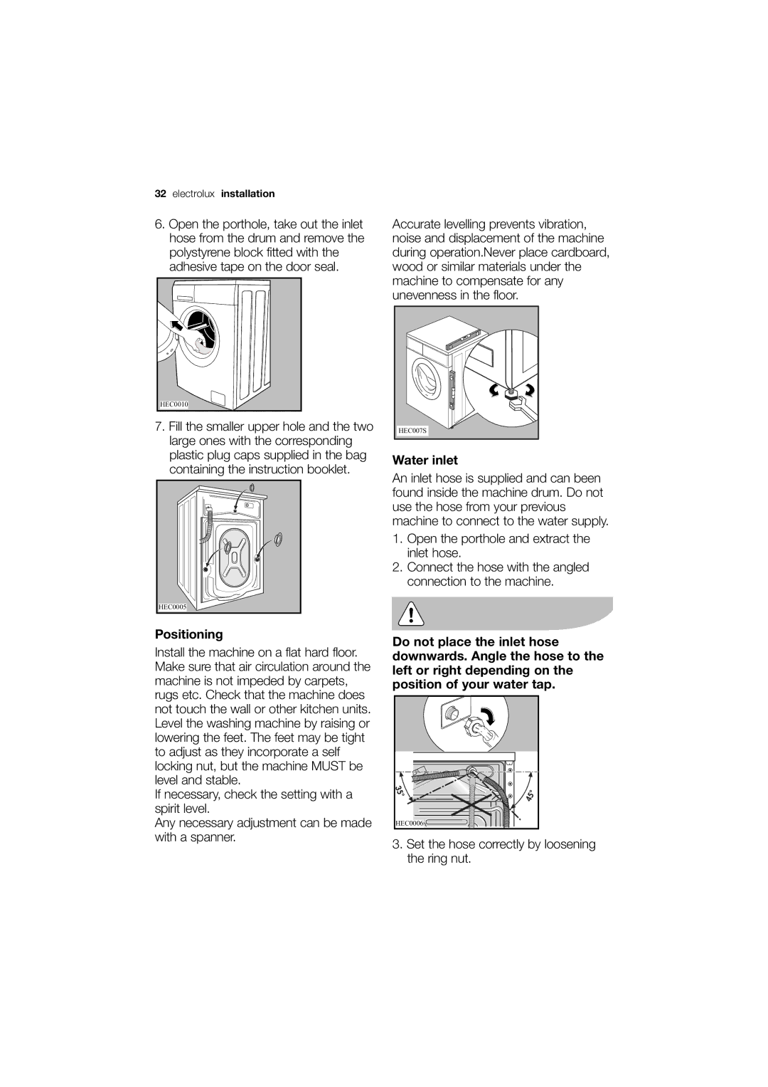 Electrolux EWF 10040 W user manual Positioning, Water inlet 