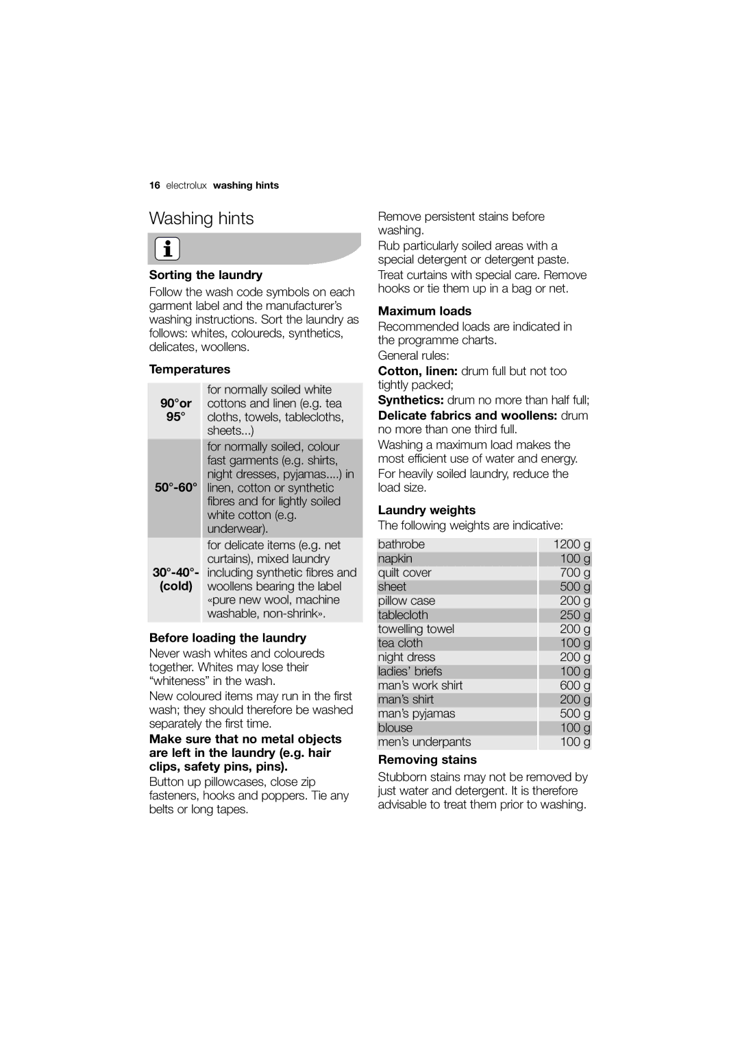 Electrolux EWG 12450 W user manual Washing hints 