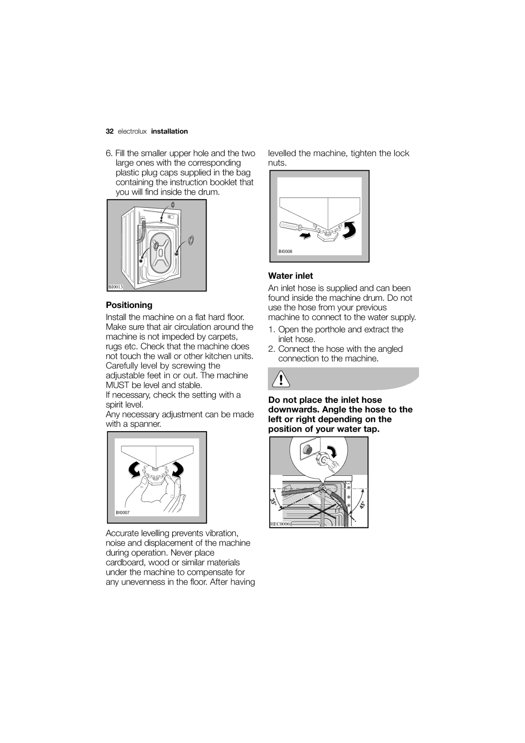 Electrolux EWG 12450 W user manual Positioning, Water inlet 