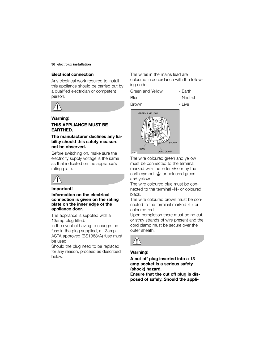 Electrolux EWG 12450 W user manual Electrical connection, This Appliance Must be Earthed 