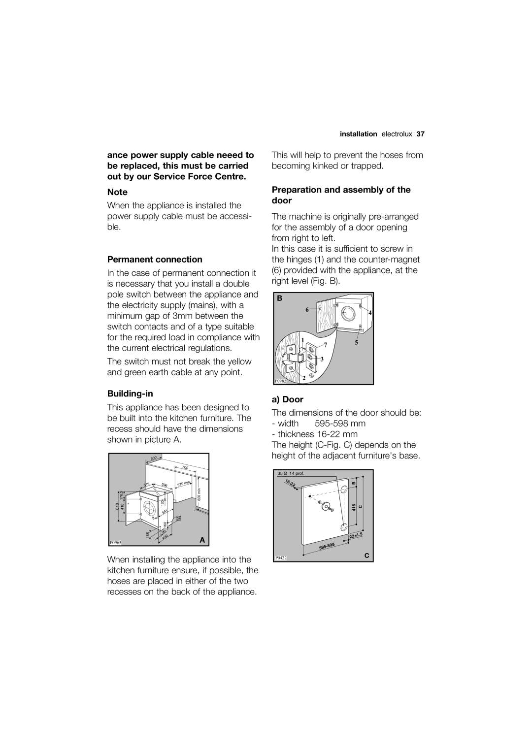 Electrolux EWG 12450 W user manual Permanent connection, Building-in, Preparation and assembly of the door, Door 