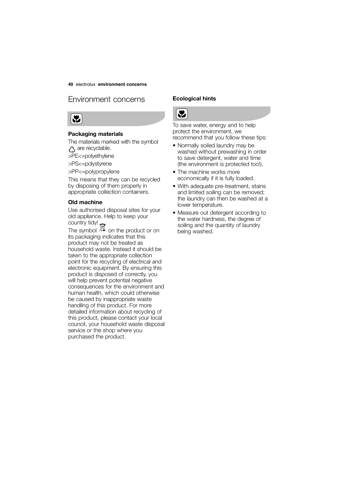 Electrolux EWG 12450 W user manual Environment concerns, Packaging materials, Old machine, Ecological hints 