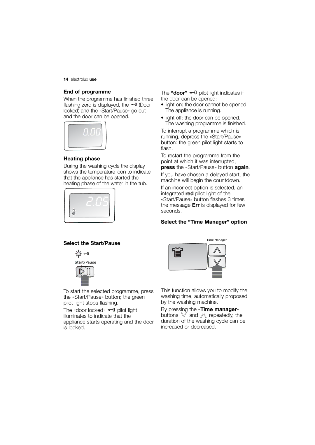 Electrolux EWG 14440 W user manual End of programme, Heating phase, Select the Time Manager option Select the Start/Pause 