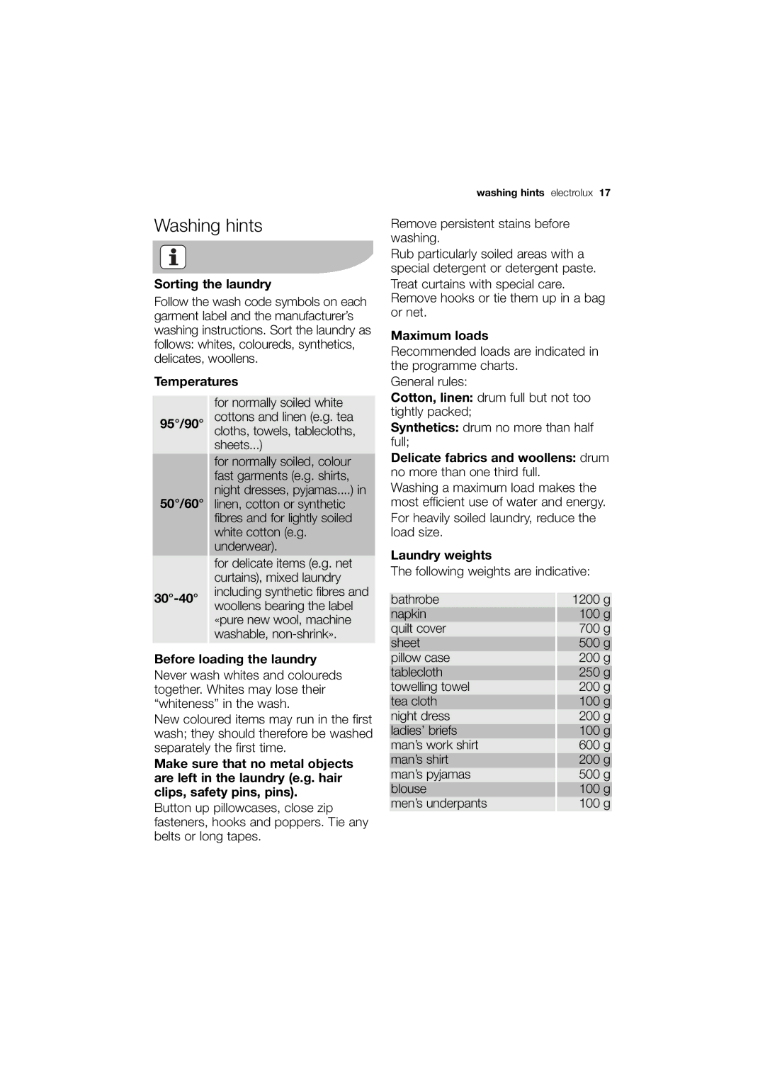 Electrolux EWG 14440 W user manual Washing hints 