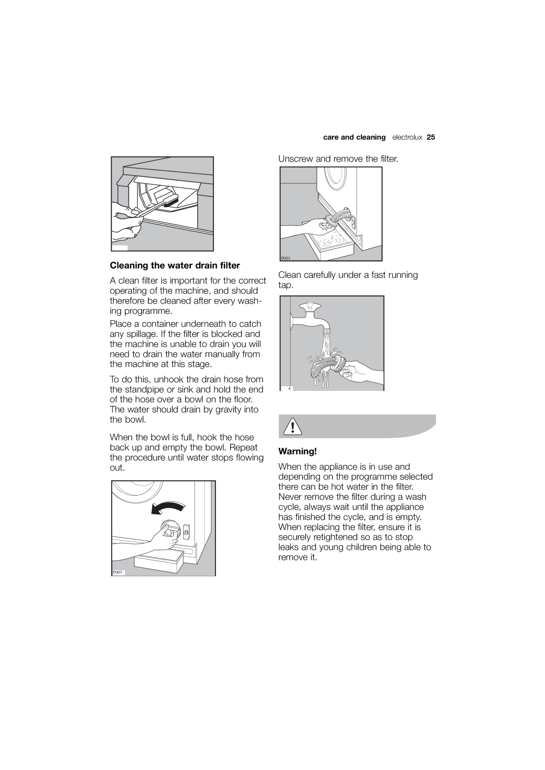 Electrolux EWG 14440 W user manual Cleaning the water drain filter 