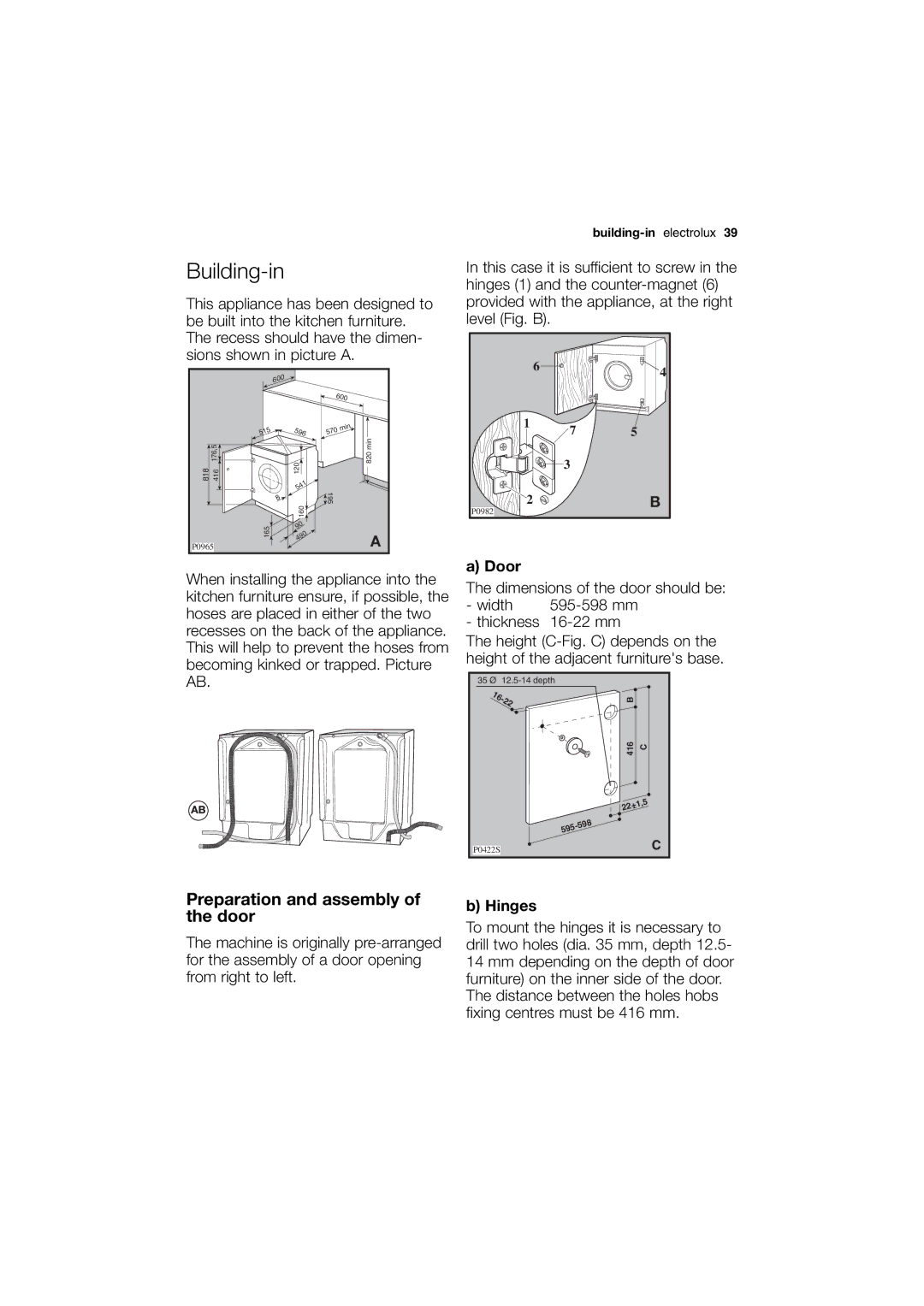 Electrolux EWG 14440 W user manual Building-in, Door, Hinges 