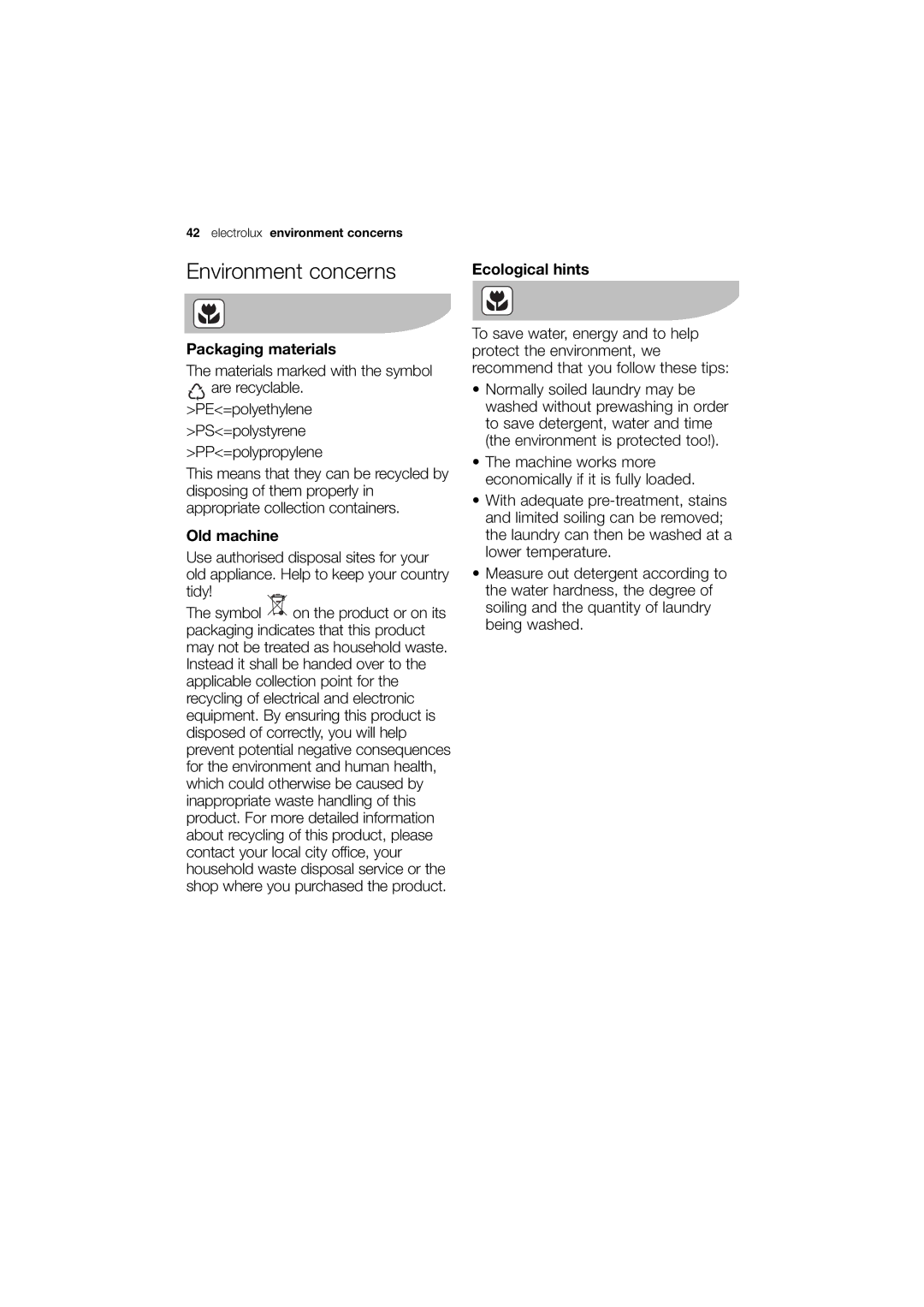 Electrolux EWG 14440 W user manual Environment concerns, Packaging materials, Old machine, Ecological hints 