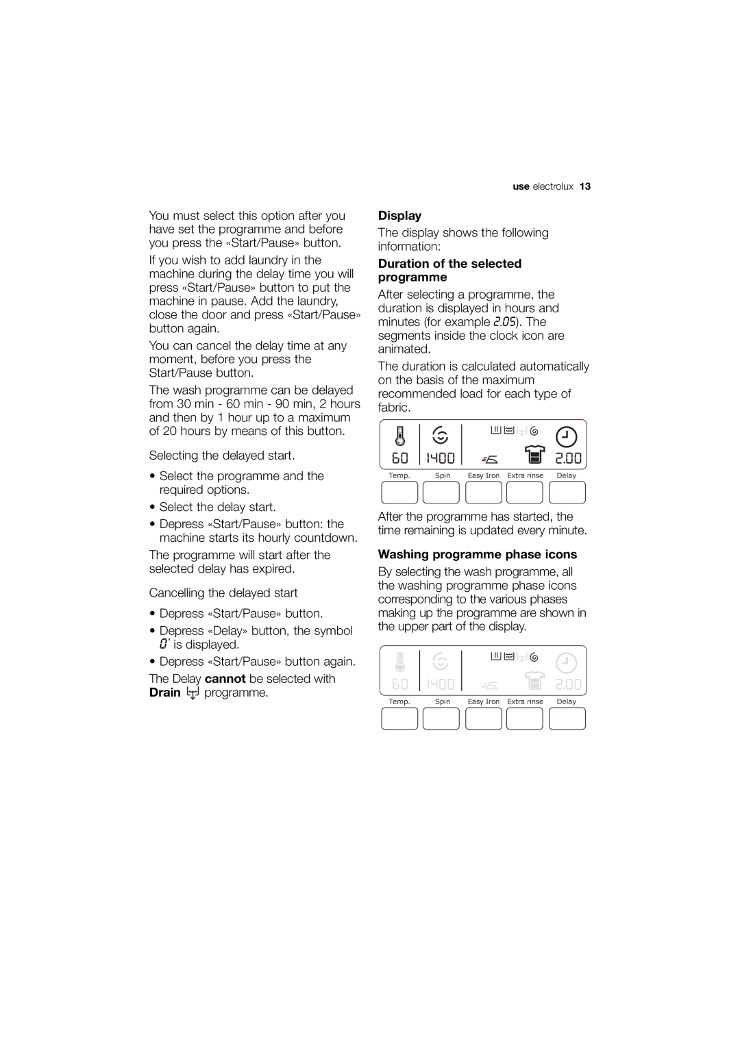 Electrolux EWG 14740 W user manual Duration of the selected programme, Washing programme phase icons 