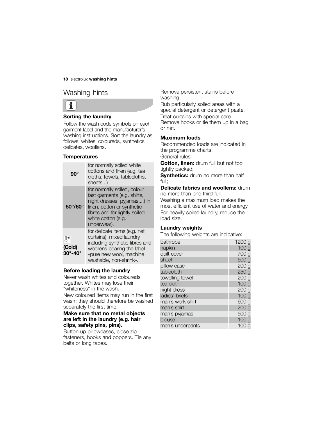 Electrolux EWG 14740 W user manual Washing hints 