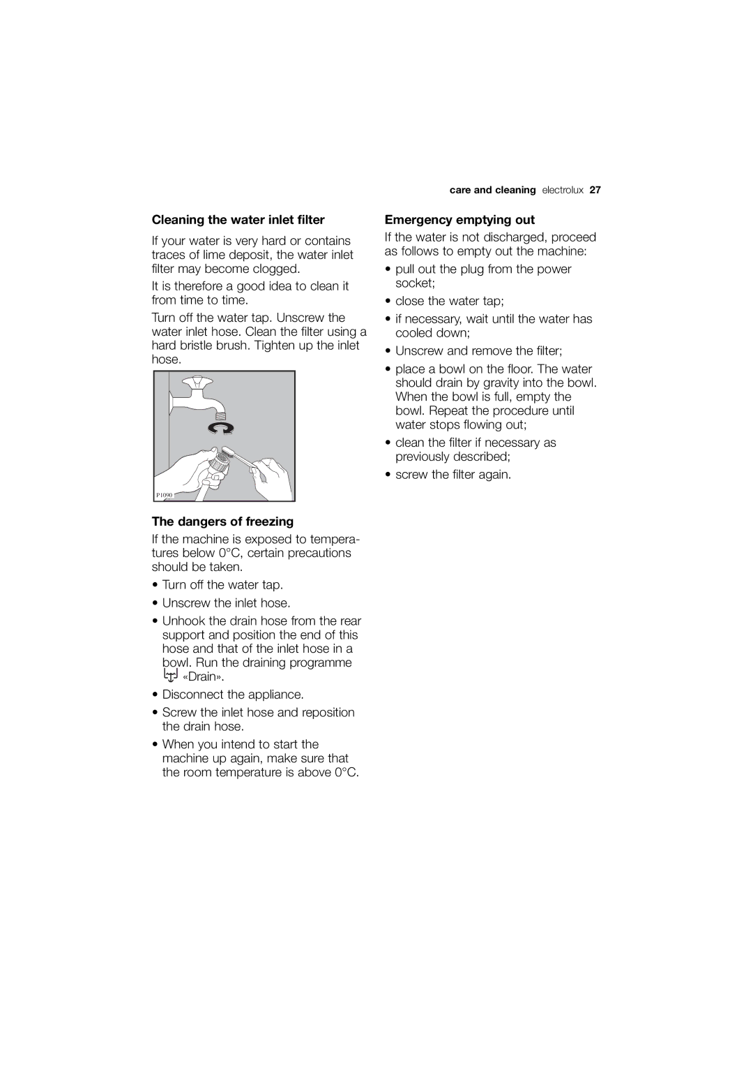 Electrolux EWG 14740 W user manual Cleaning the water inlet filter, Emergency emptying out 