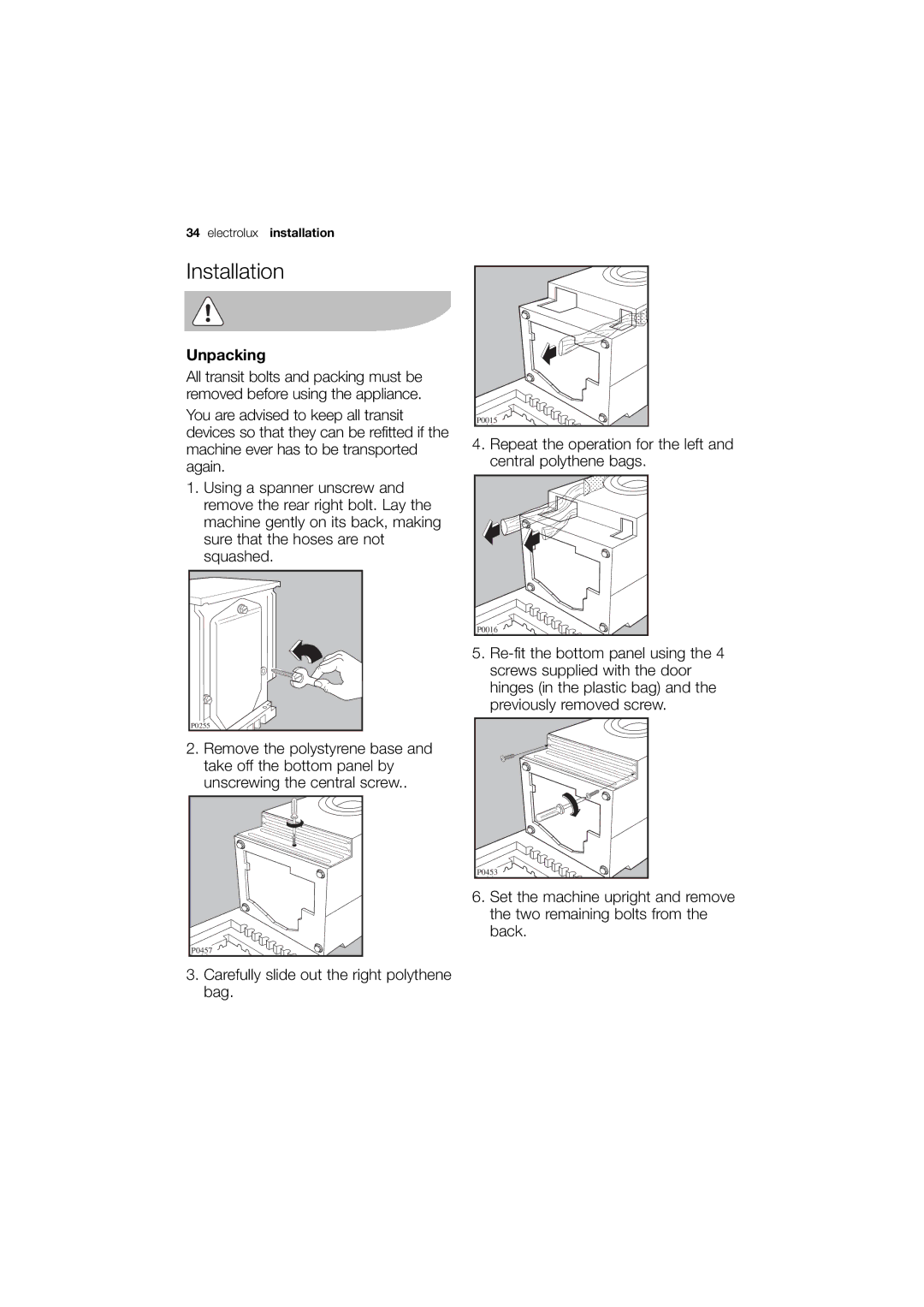 Electrolux EWG 14740 W user manual Installation, Unpacking 