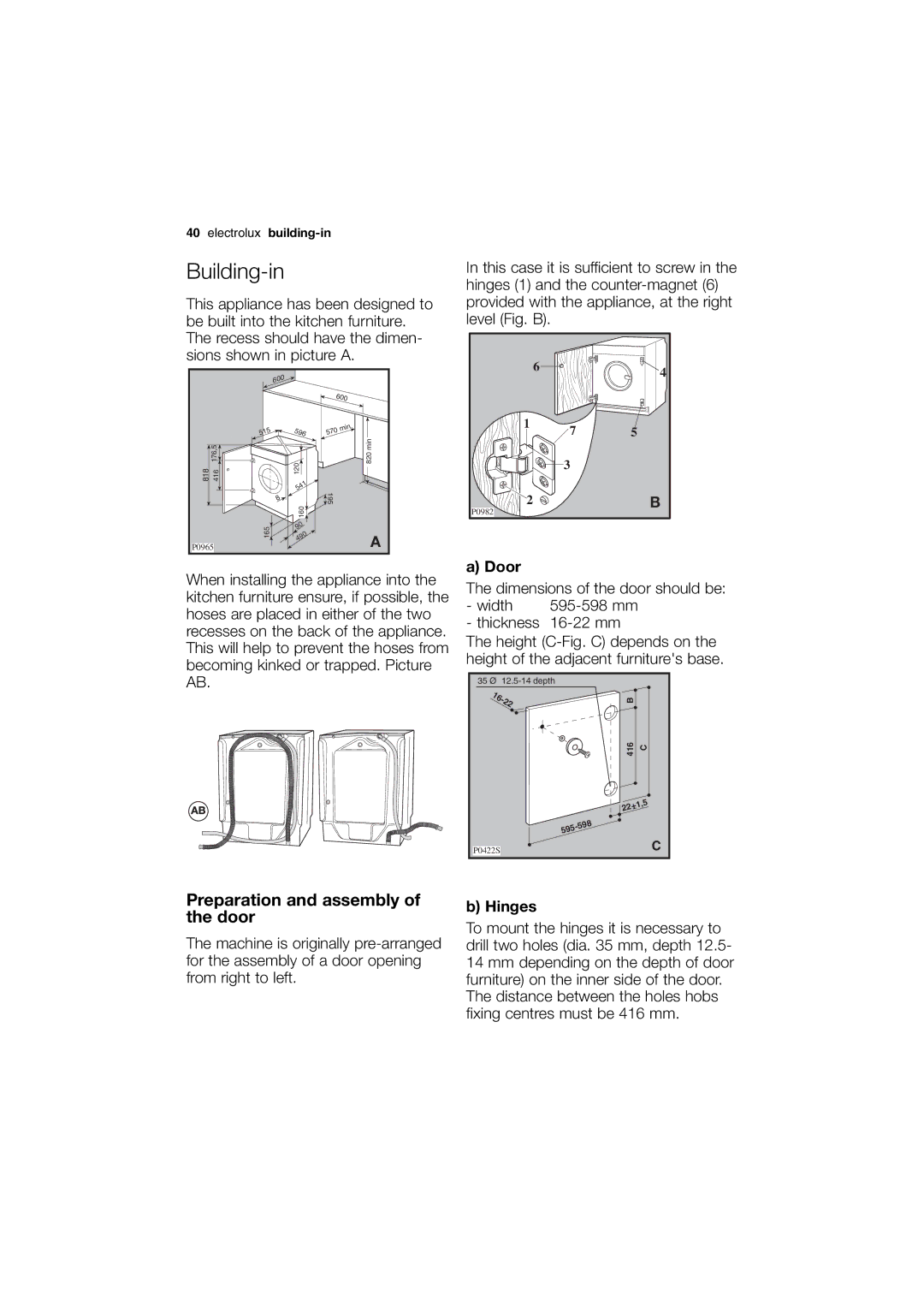 Electrolux EWG 14740 W user manual Building-in, Door, Hinges 